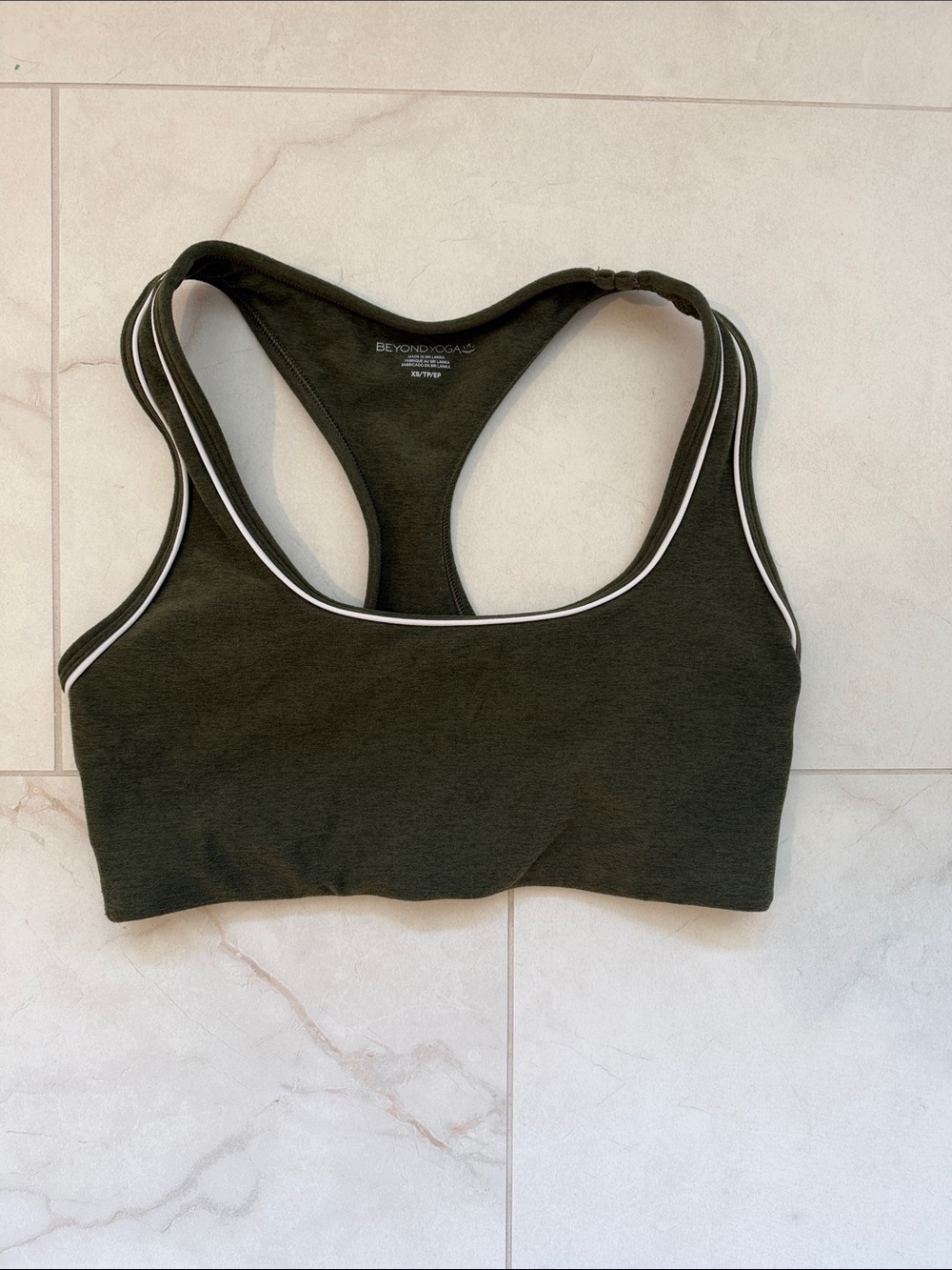 Beyond Yoga Dark Olive Racerback Sports Bra with White Trim